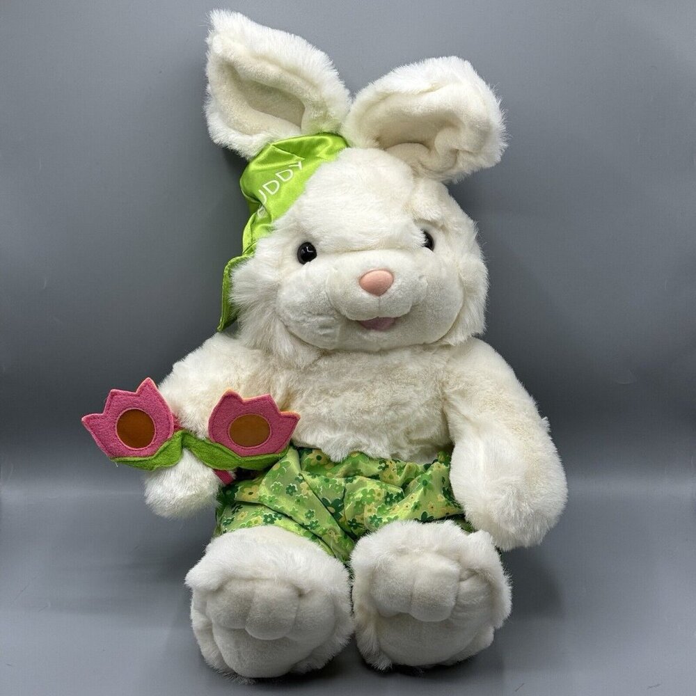 Vintage Buddy Bunny Rabbit White Plush 20" Stuffed Animal Green Hat Shorts